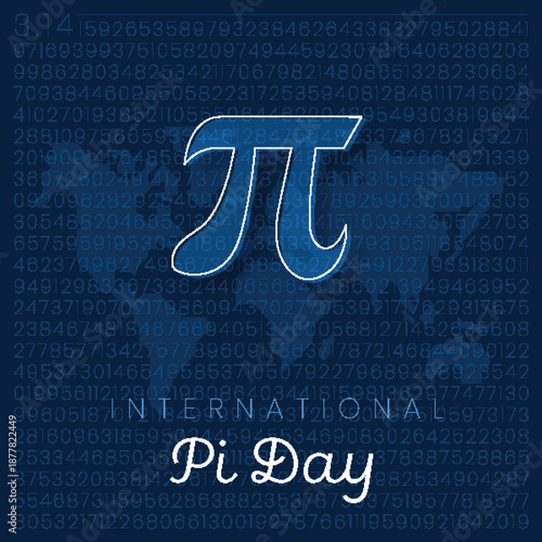 Stylish International Pi Day illustration with pi symbol and digits on a blue world map background. Perfect for education, math events and science celebrations on March 14th.