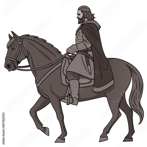 Historical ruler riding horse with cape and beard king