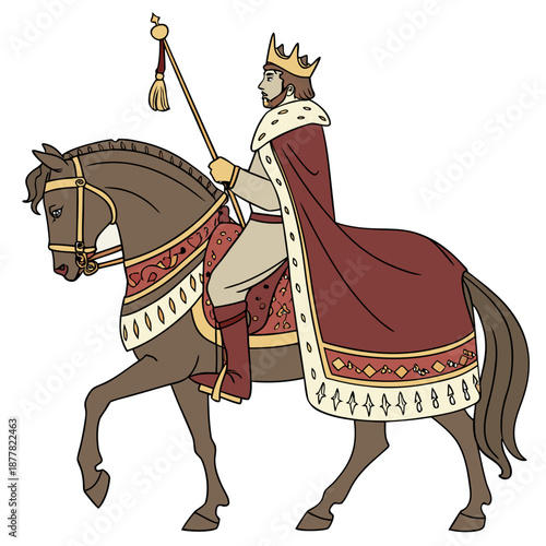 King in red cape and gold crown riding brown horse with decorative saddle