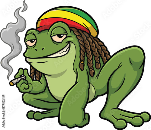 Funny cartoon frog with dreadlocks and reggae hat smoking joint, humorous stoner animal character illustration for stickers, posters, apparel, music art, and pop culture designs