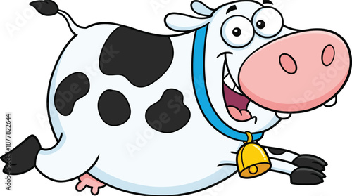 Funny cartoon cow running with happy expression and bell collar, cute farm animal character illustration for kids, education, stickers, games, and playful designs