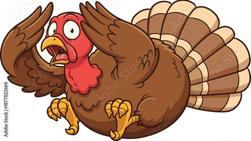 Funny cartoon turkey with wings spread and surprised expression, cute Thanksgiving bird character illustration for kids, holiday designs, stickers, education, and festive projects