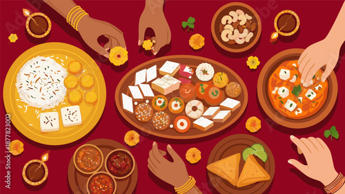 Vector illustration of a festive Indian food spread with sweets, snacks, and diyas, celebrating a cultural event