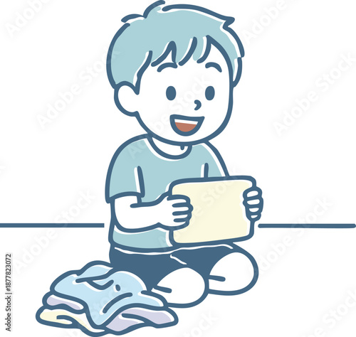 洗濯物を畳むお手伝いをする男の子のイラスト（家事・教育・笑顔）