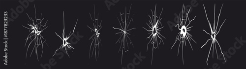 A black and white sketch illustrating a shattered glass effect from a central impact point. Broken glass crack vector set with various shattered pattern. Vector illustration.