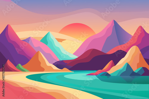 Ultra Minimal of Colorful Mountain Landscape with Lake mountains vibrant sunset