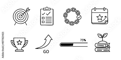 Minimal icons for goals and progress: achievement, habit tracking, motivation, and growth through learning.