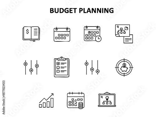 Minimal icons for budget planning: scheduling, savings, financial goals, and strategic money management.