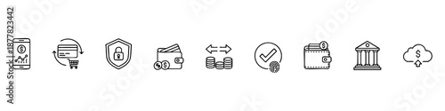 Minimal icons for mobile banking, digital wallets, secure payments, and cloud-based financial services.