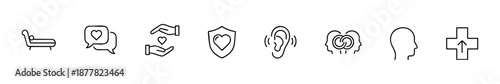 Minimal icons for mental health and therapy: support, empathy, recovery, and emotional well-being.