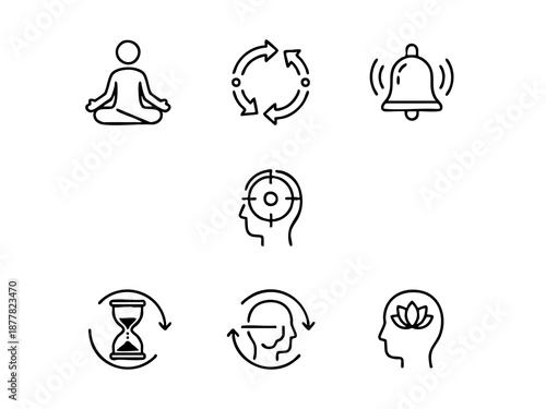 Minimal icons for meditation and mindfulness: focus, awareness, mental clarity, and inner peace.