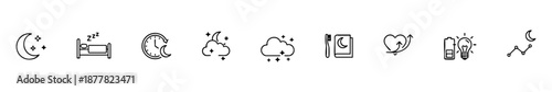 Minimal icons for sleep and nighttime habits: rest, relaxation, routines, and wellness tracking.