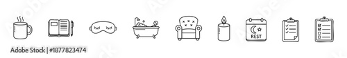 Minimal icons for self-care and organization: rest, comfort, relaxation, and task planning.