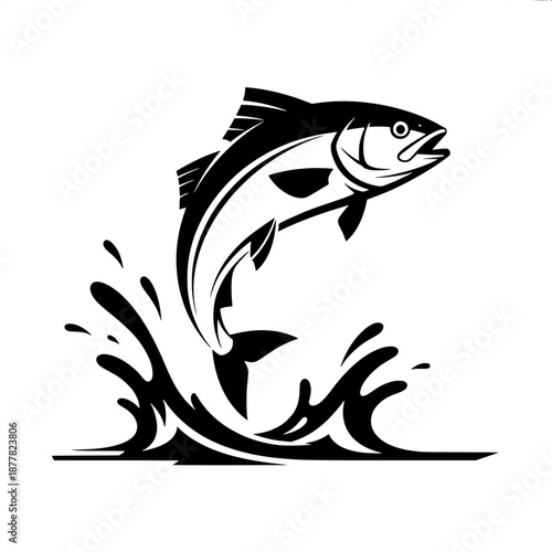 A stylized black-and-white illustration of a jumping fish, shown from a slightly low angle, bold solid shapes, modern minimalist aesthetic, strong contrast.