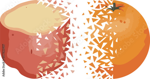 Halved peach with geometric patterns on white background