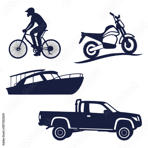 Silhouettes of various vehicles and activities