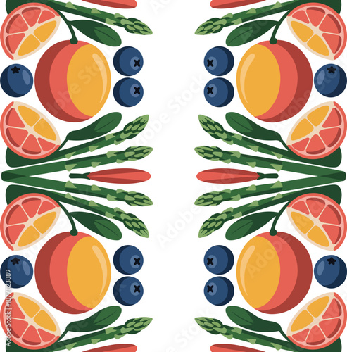 Vibrant fruit pattern with peaches oranges blueberries and green leaves on white background