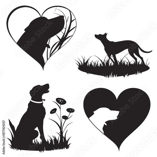 Silhouettes of dogs with hearts and nature