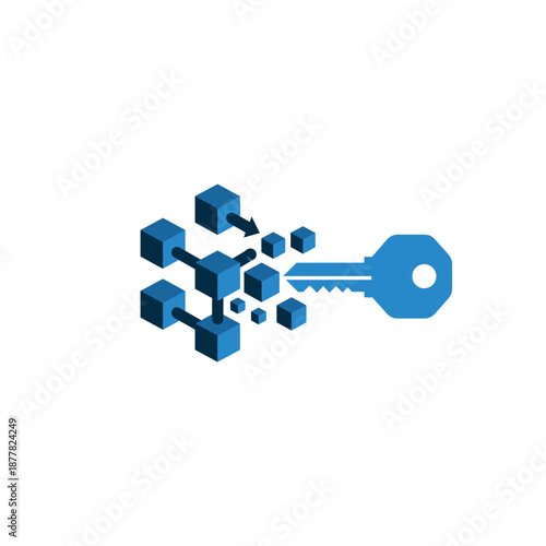 Abstract blue background featuring a 3D render of metallic keys symbolizing security access and success isolated on white