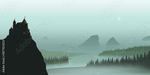 a castle at cliff in green tones