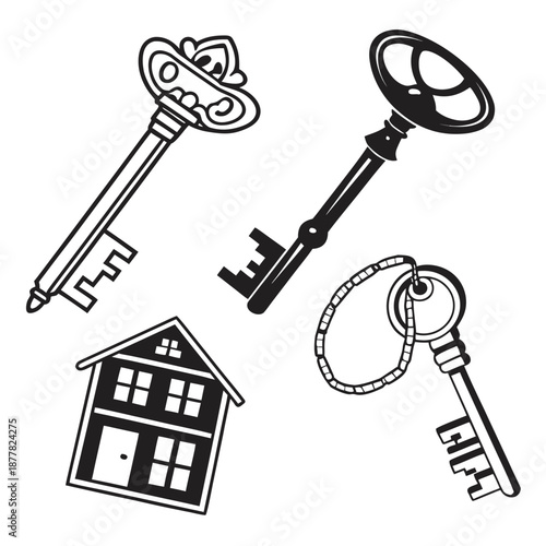 Set of vintage keys and house illustration
