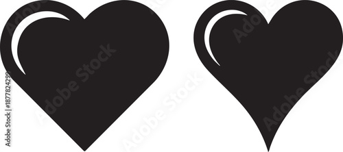 Two elegant black heart silhouettes with white highlights, romantic love symbols for Valentine's Day, wedding decorations, or greeting card designs isolated on white background.