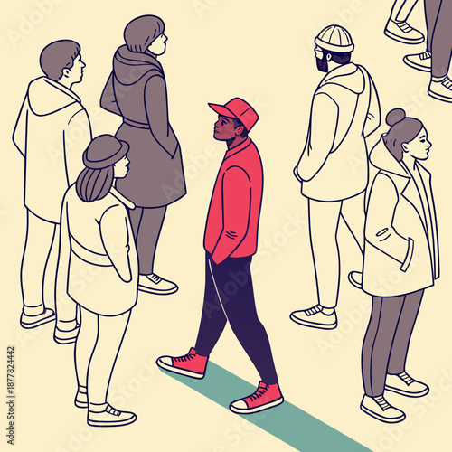 Diverse group of people standing in line with one person walking in opposite direction