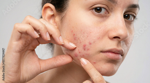 Young woman squeezing red pimple on cheek highlighting acne problem and skin inflammation