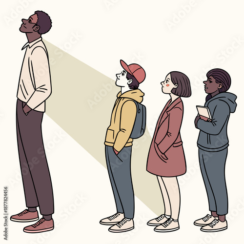 Of diverse people lineup looking up with one clearly taller