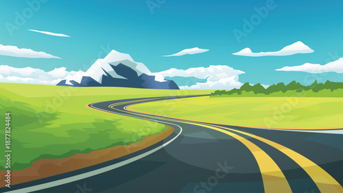 a curved country road through green landscape