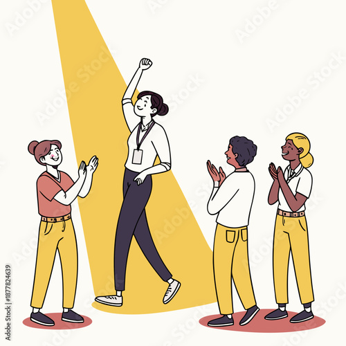 Woman celebrating with fist raised and coworkers applauding