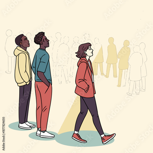 Standing people in line with one walking away queue