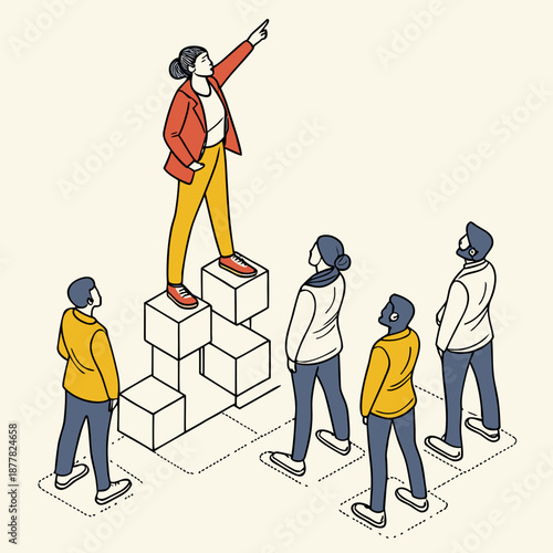 Woman standing on blocks pointing ahead with four people looking up