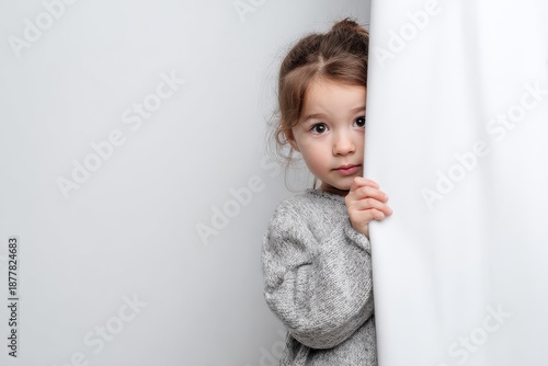 Cute little girl peeking behind white wall portrait closeup
