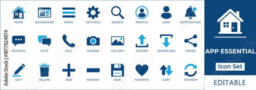 App essential UI icon set featuring home, dashboard, settings, search, profile, message, camera, upload, download, edit, delete, and navigation symbols for mobile and web design.