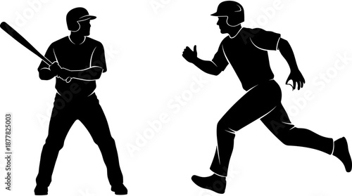 Baseball player silhouettes set, professional batter with bat and base runner athlete icons, team sport action vector on white background.