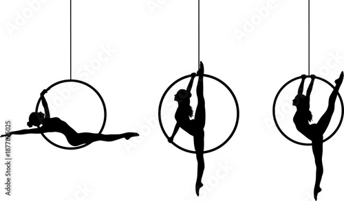 Set of aerial hoop gymnast silhouettes, graceful circus performer poses in lyra ring, flexible female athlete vector icons on white background.