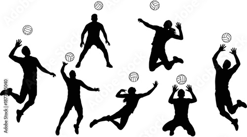 Set of volleyball player silhouettes in action, jumping, spiking, serving, and setting, professional sport athlete vector icons on white background.