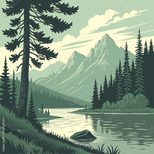 Serene mountain lake with pine trees and mountain peak