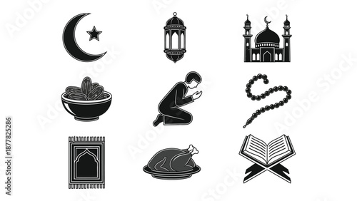 Islamic symbols and ramadan icons on transparent background