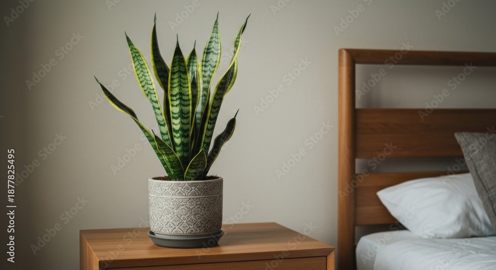 Fototapeta premium A potted snake plant sits on a nightstand beside a wooden bed frame with a pillow
