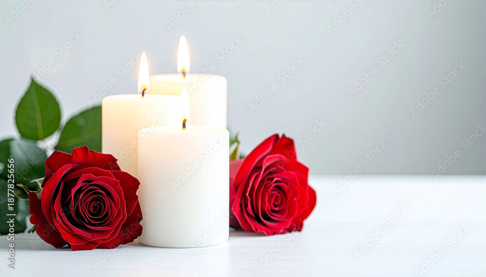 Fototapeta premium Romantic Candlelight Scene with Red Roses for Love and Valentine Atmosphere