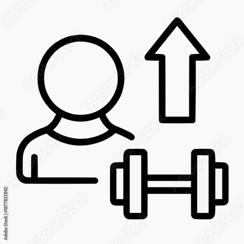 Line icon of a person with upward arrow and dumbbell — training progress, black on white, square minimalist style