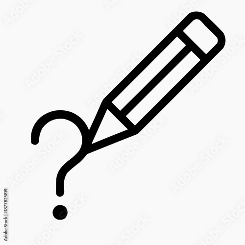 Line icon of a pencil and a question mark — writing answers, black on white, square minimalist style