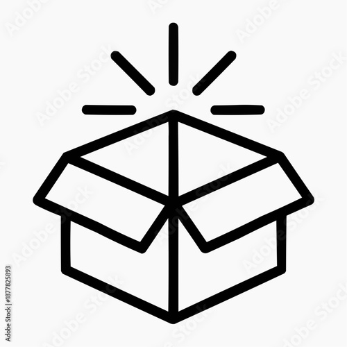 Line icon of a box opening with light — unboxing something new, black on white, square minimalist style
