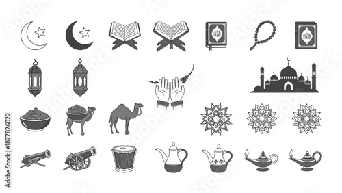 Islamic symbols and objects on transparent background for ramadan and eid celebrations