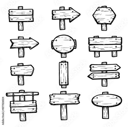 Hand drawn line art wooden signs set featuring empty wooden boards for information and direction