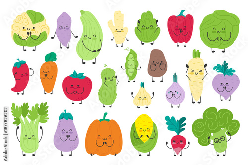 Set of cute funny characters fresh healthy vegetables isolated. Organic vegan farm veggies. Healthy lifestyle.