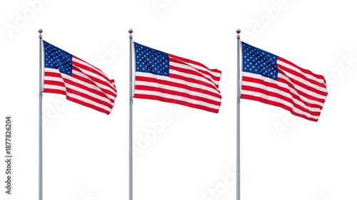 Three American flags waving on silver flagpoles against a white background with red, white, and blue colors.