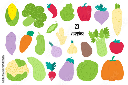 Set of cute  fresh healthy vegetables isolated. Organic vegan farm veggies. Healthy lifestyle.
